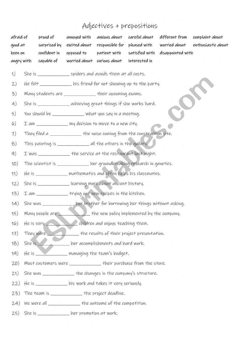 B1-B2 25 adjectives + prepositions practise