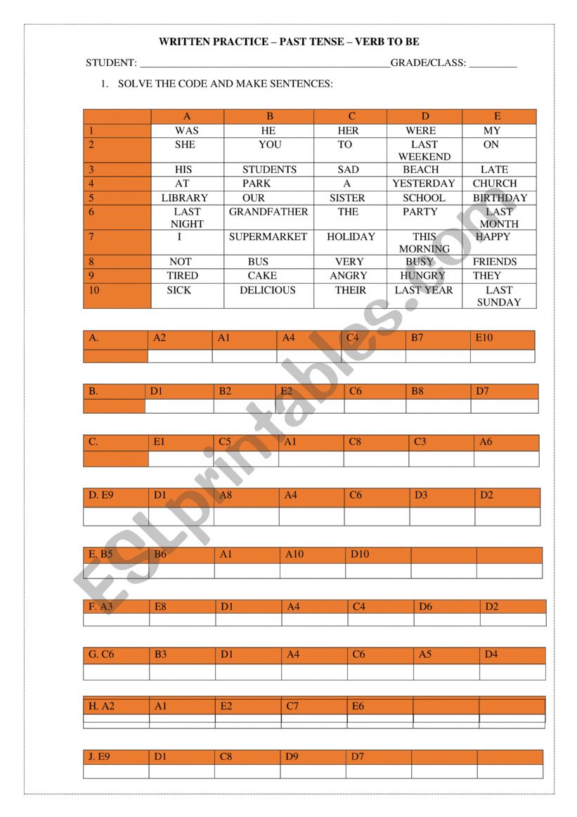 PAST SIMPLE VERB TO BE worksheet