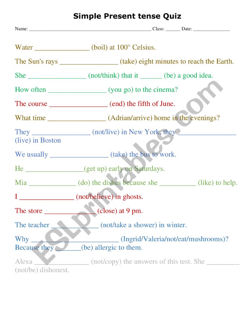 Simple present tense quiz worksheet