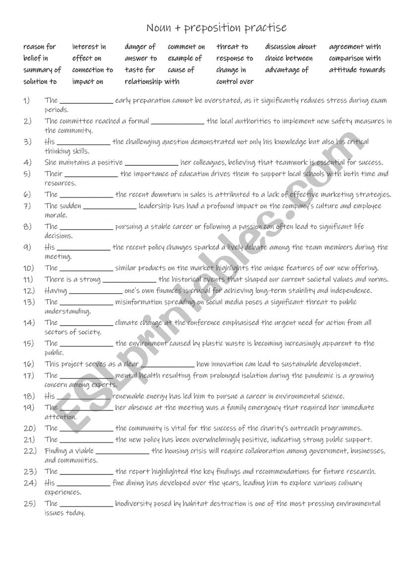 B1-B2 Noun + preposition practise Part 2