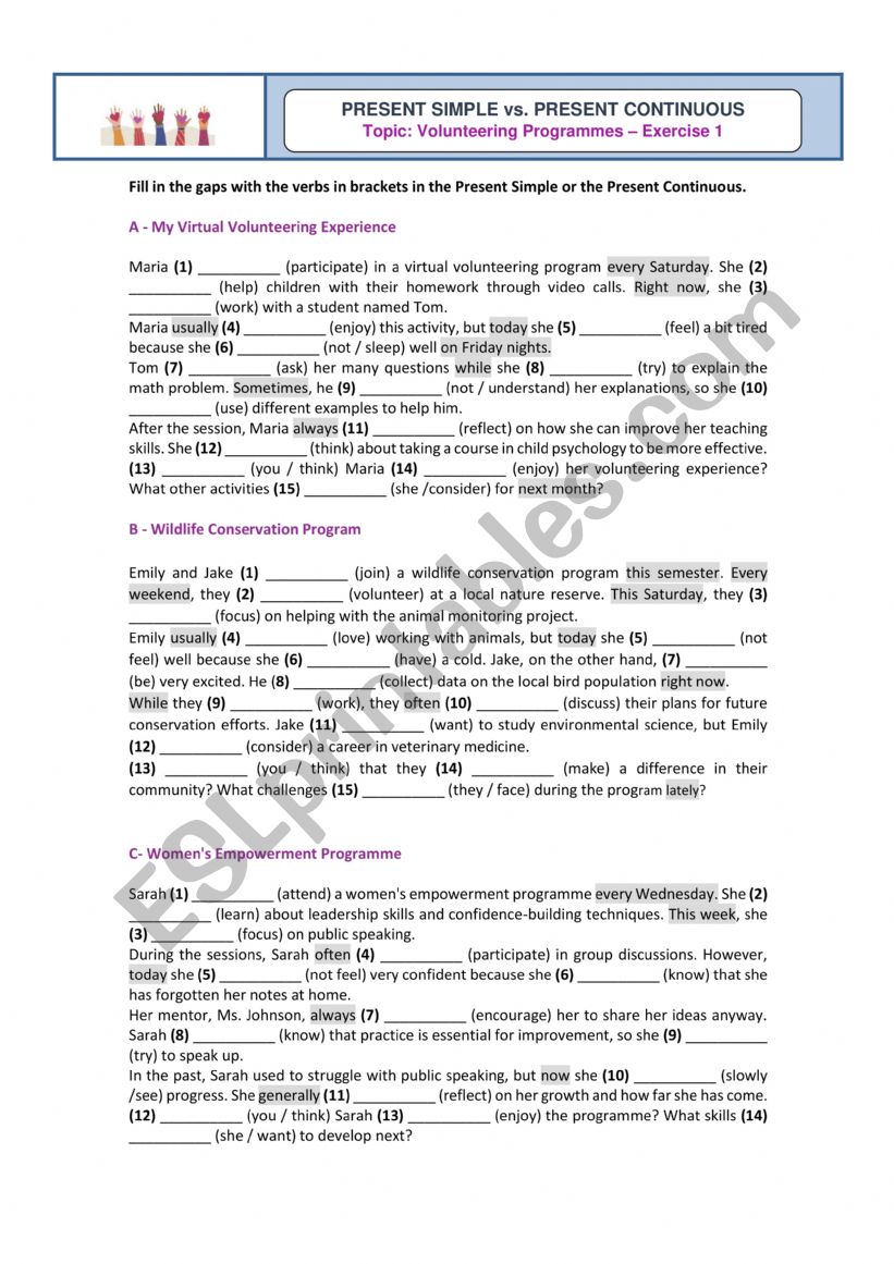 Present Simple VS Present Continuous - Volunteering