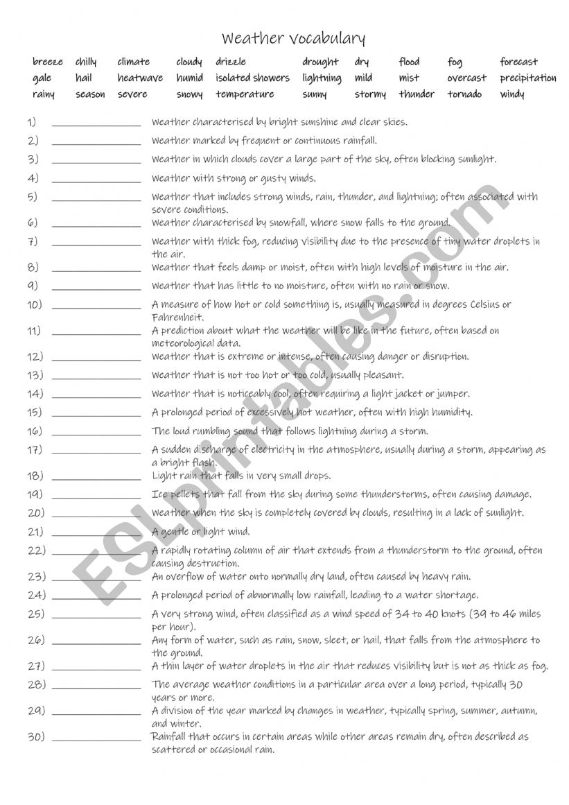 A2-B1 30 weather words worksheet