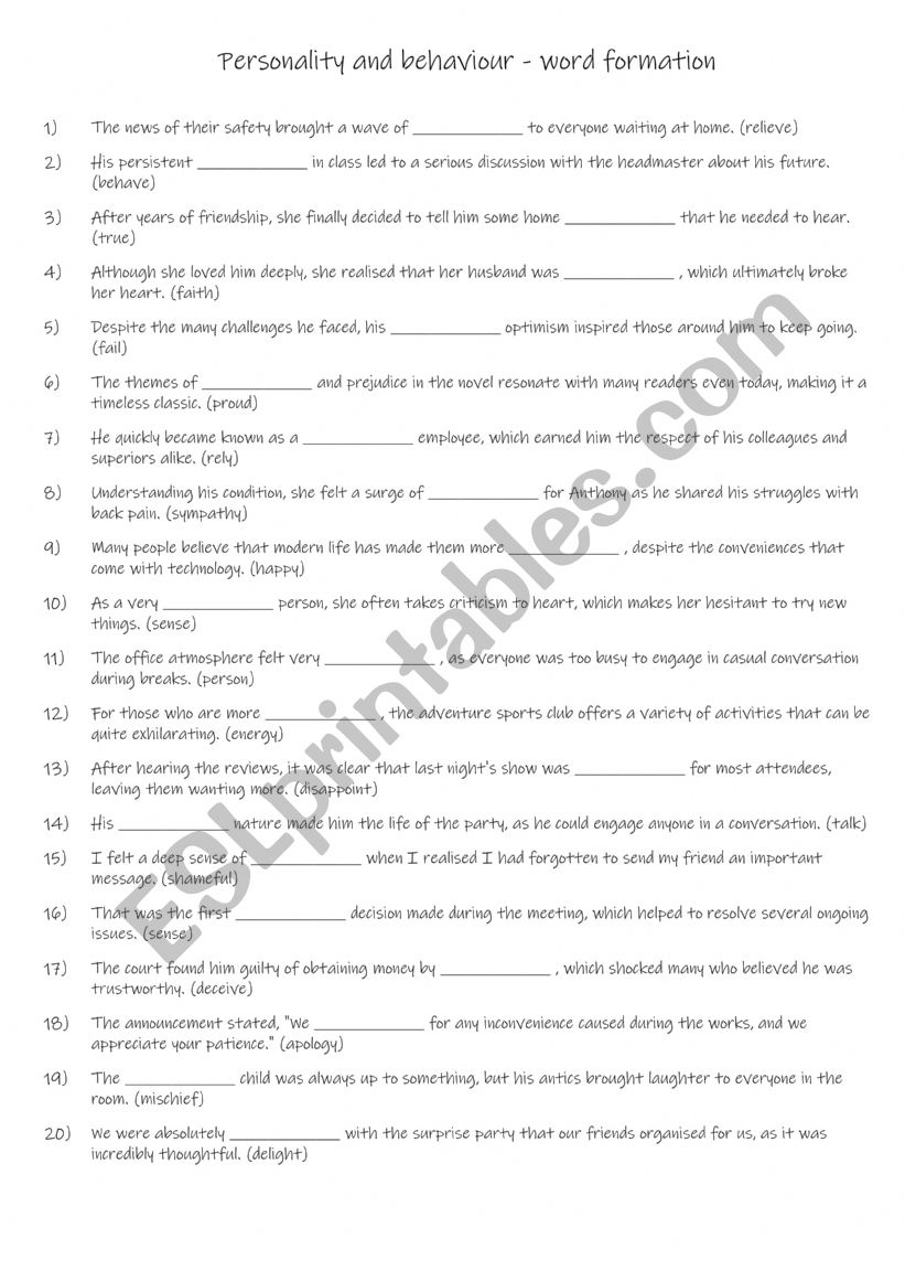 B1 Personality and behaviour - word formation