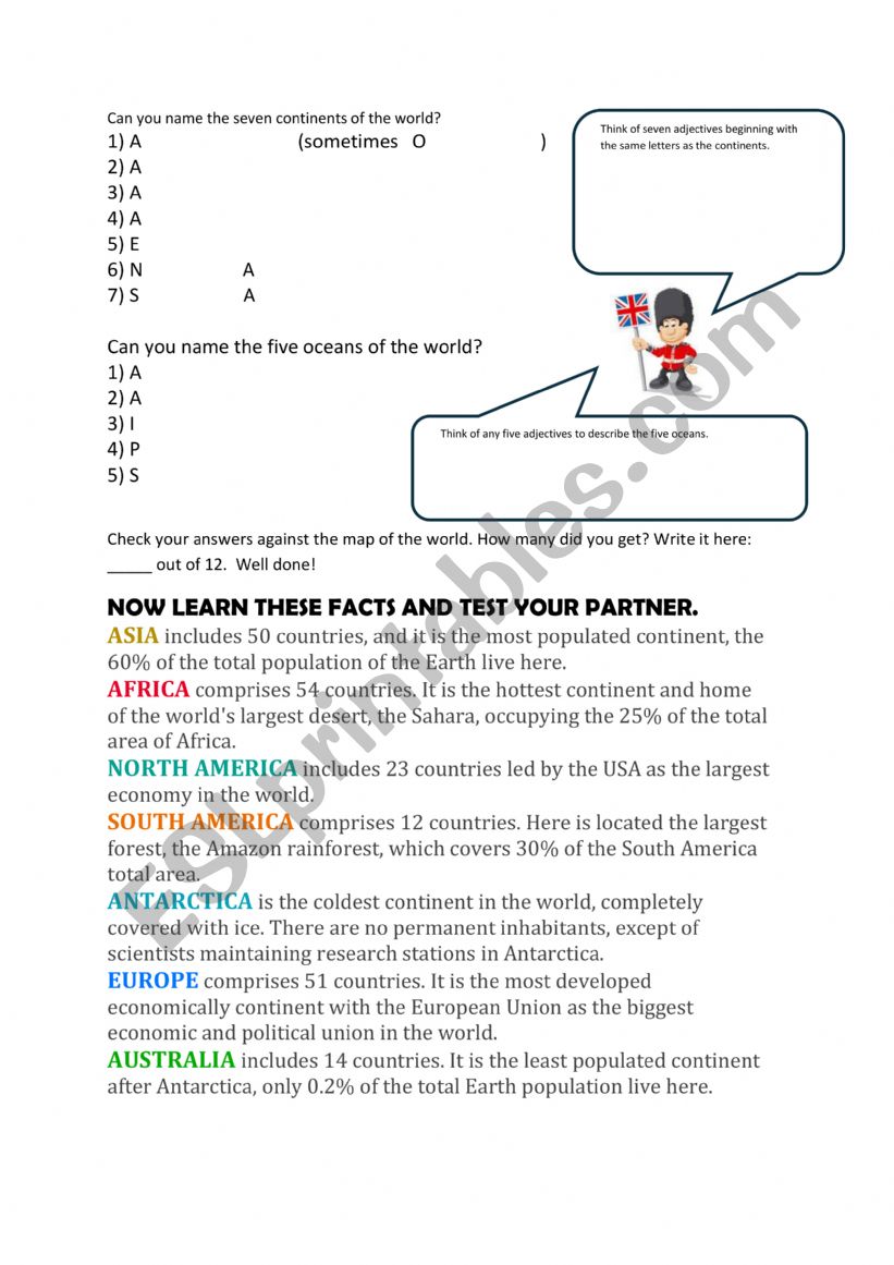 Oceans and Continents worksheet