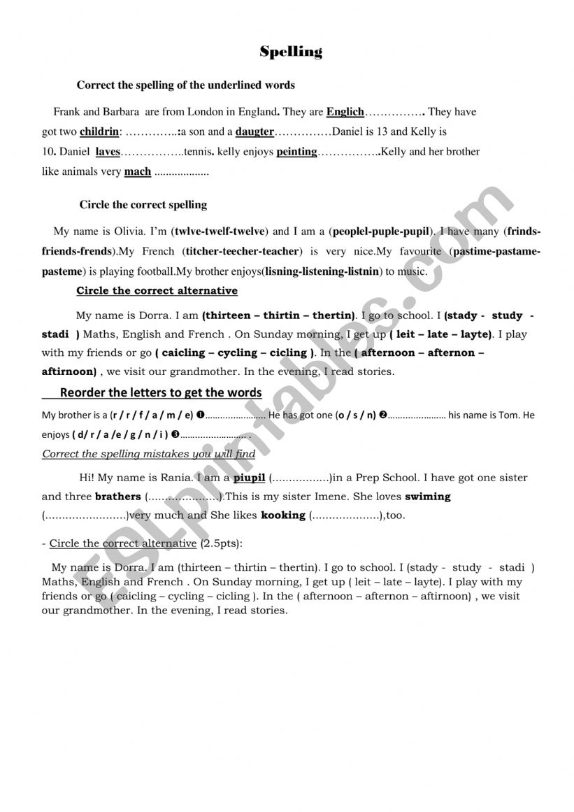 spelling tasks worksheet