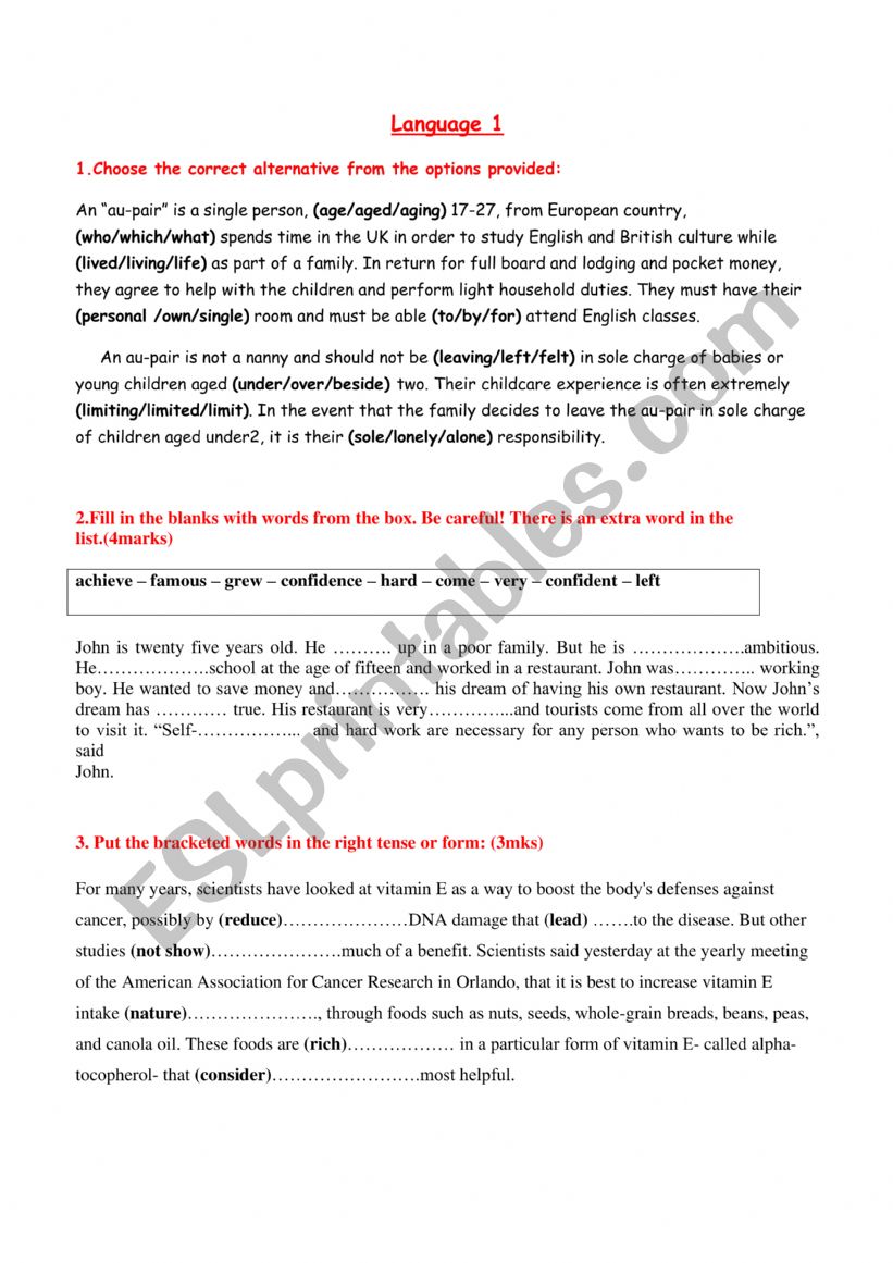 1st form language tasks  worksheet