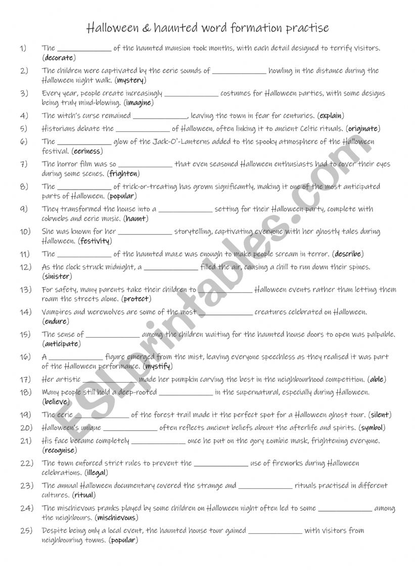 B1-B2 Halloween & haunted word formation practise