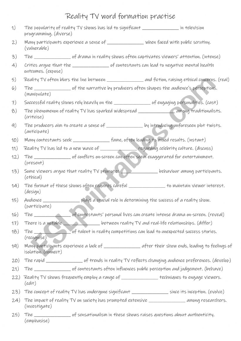 B1-B2 Reality TV word formation practise