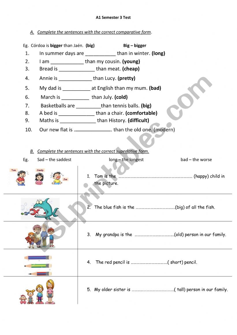 A1 level test comparatives worksheet