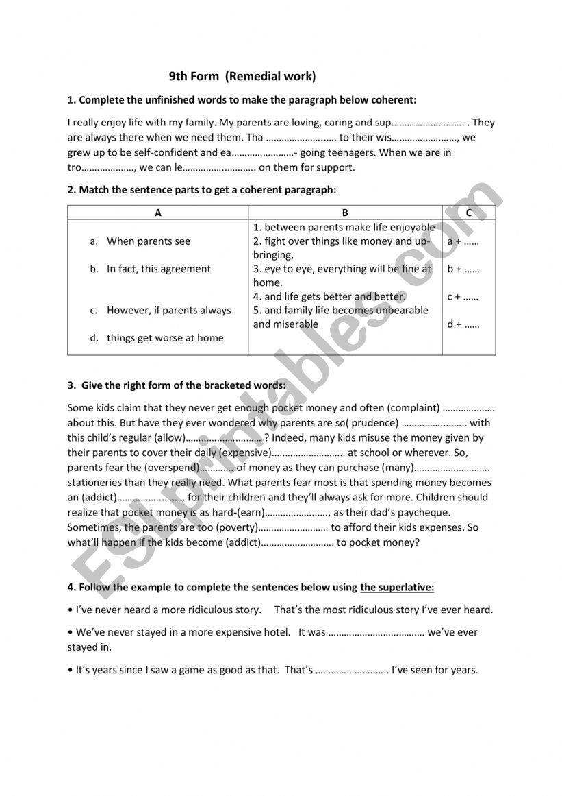 9th Form remedial work for mid-term test 1