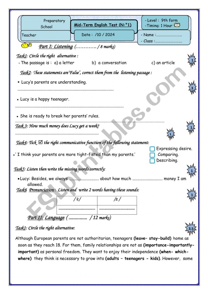 9th Form Mid-Term Test 1 worksheet