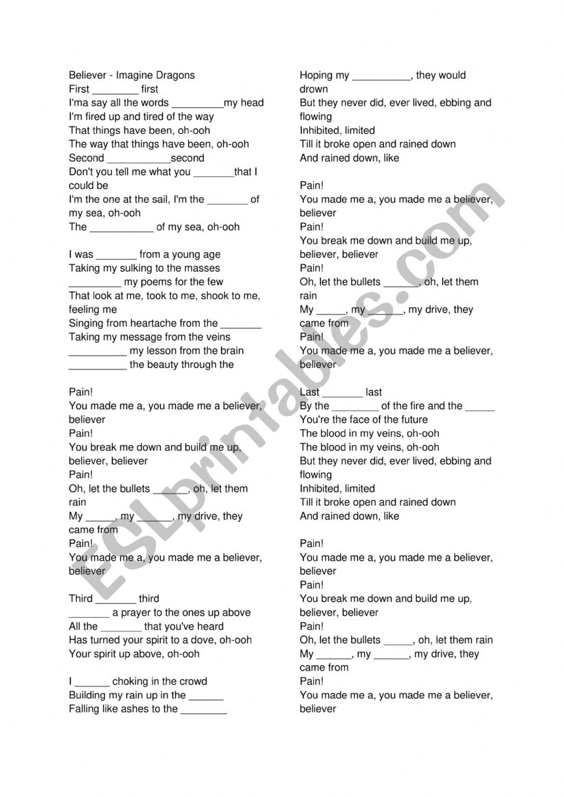 Song Lesson Believer worksheet