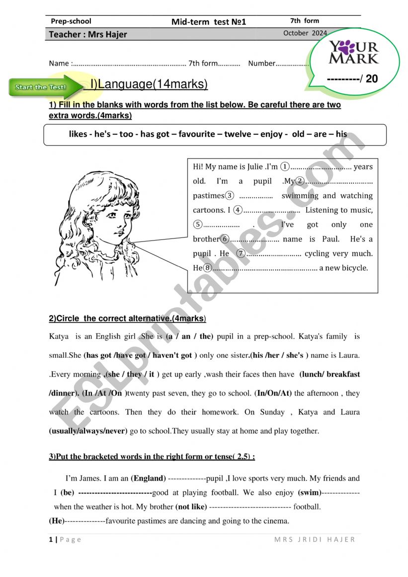 MID TERM TEST 1 7TH FORM 2024 worksheet