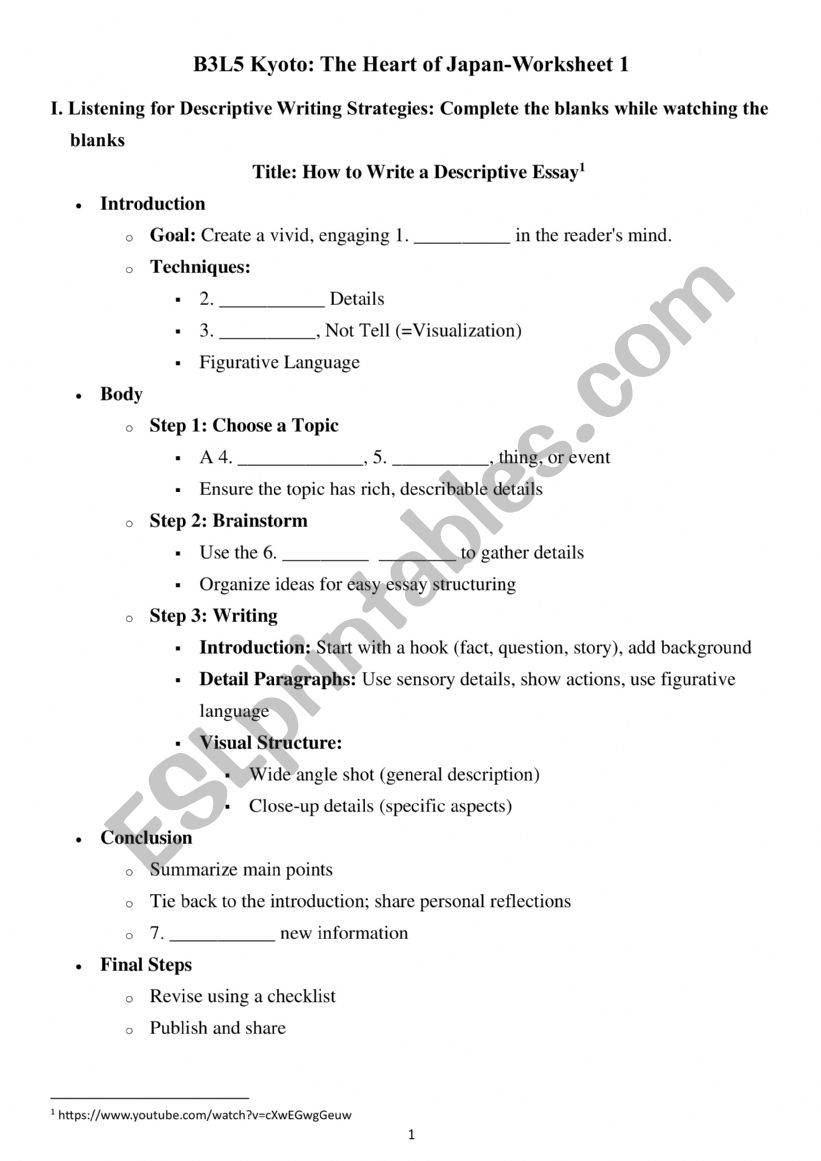 Descriptive Writing Worksheet--Three Strategies