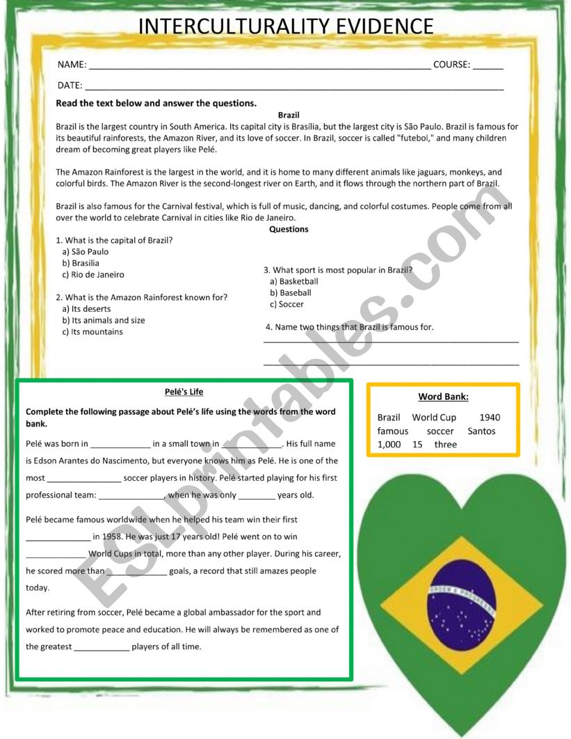 Brazil reading comprehension worksheet