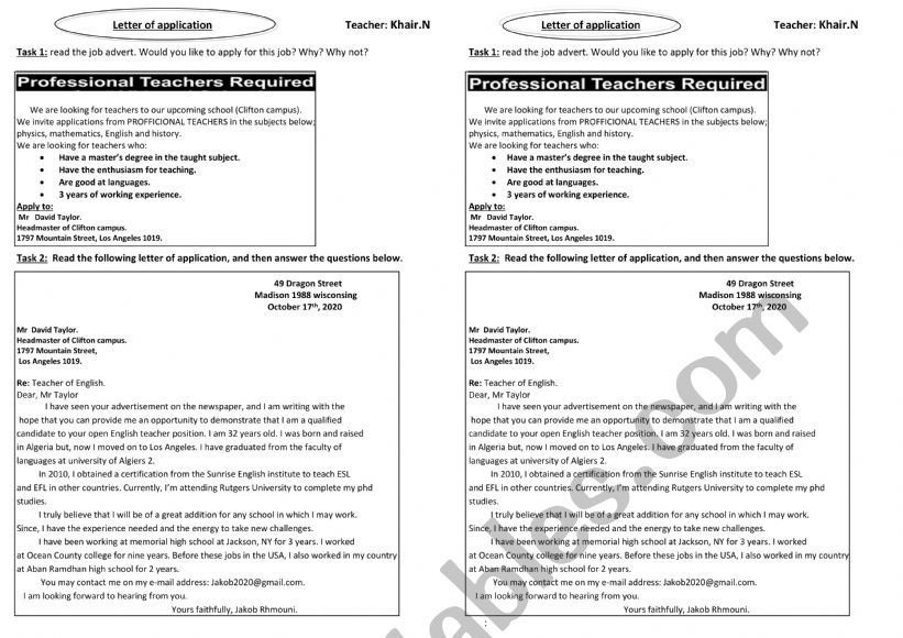 aaplication letter worksheet