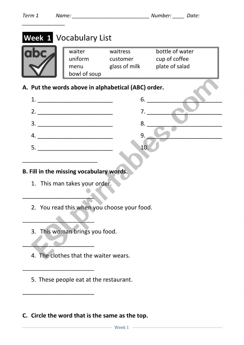 Week 1, Term 1 Spelling Worksheet