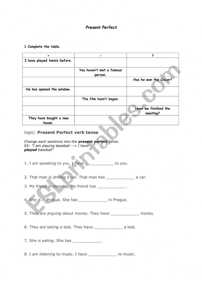 the present perfect tense worksheet