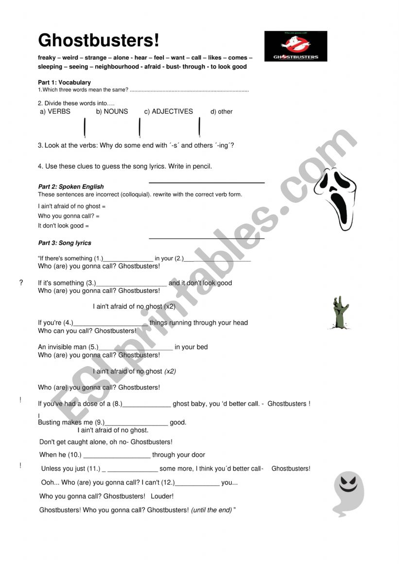 Ghostbusters song worksheet worksheet