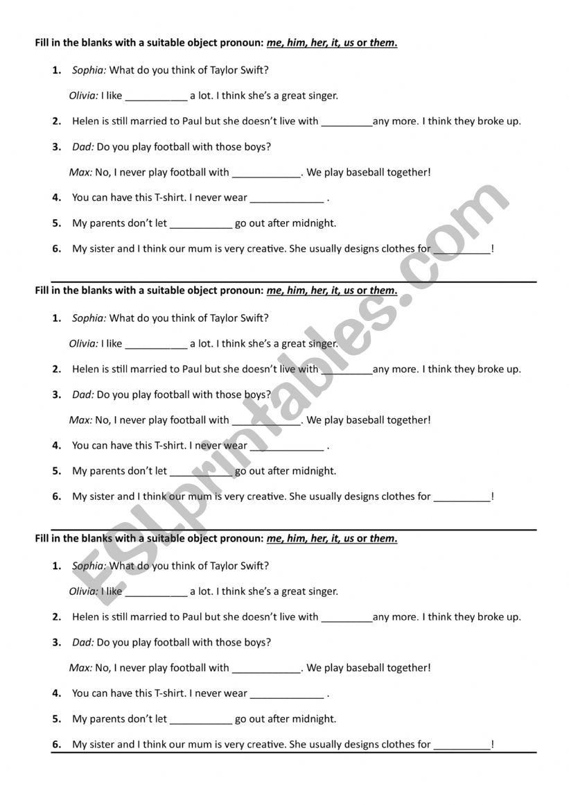 OBJECTIVE PRONOUNS worksheet