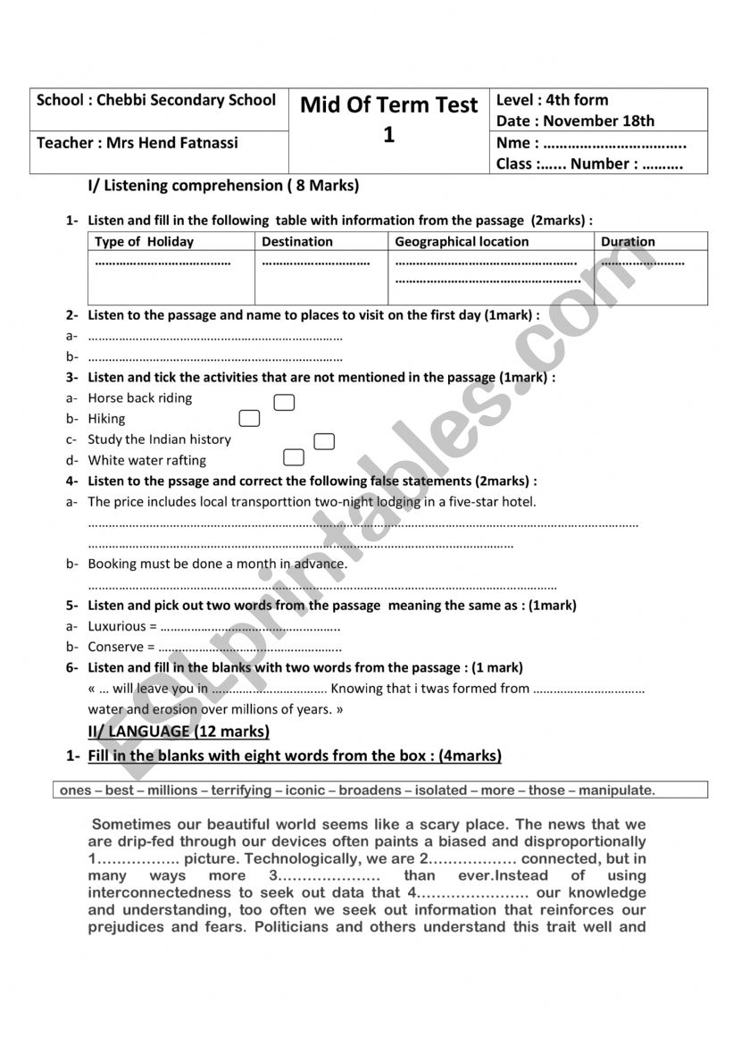 4th form Mid term test 1  worksheet