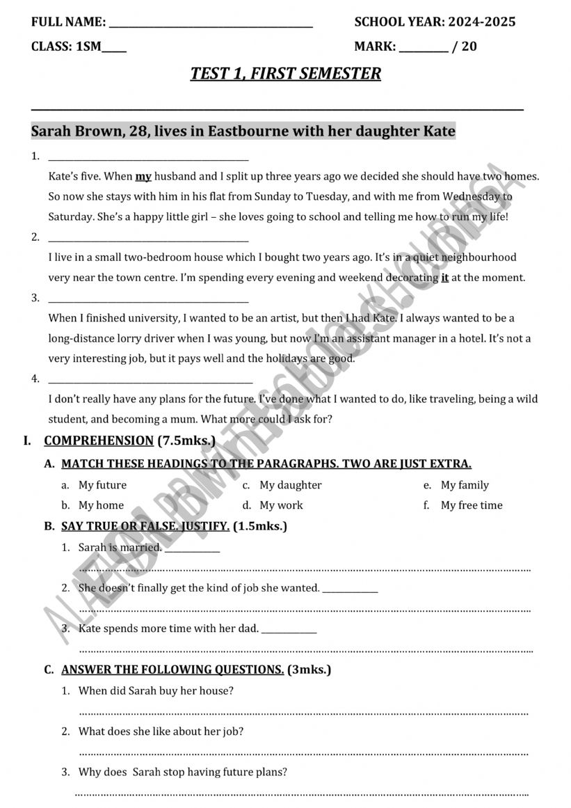 TEST 1 1BAC PRIVATE SCHOOL worksheet