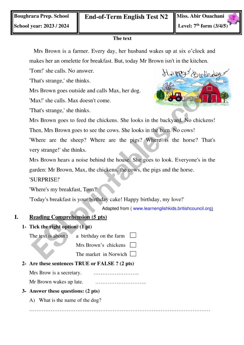 test 7th form worksheet