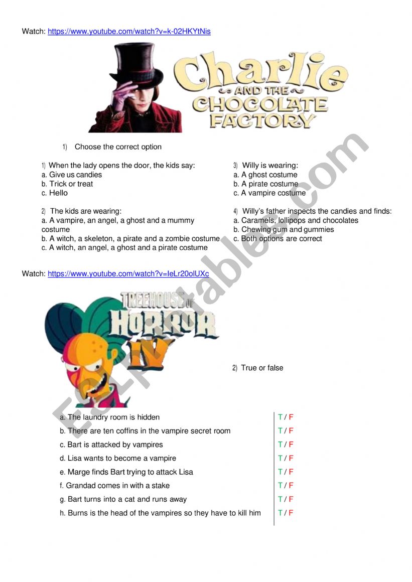 Halloween worksheet A1-A2 Wonka + Simpsons