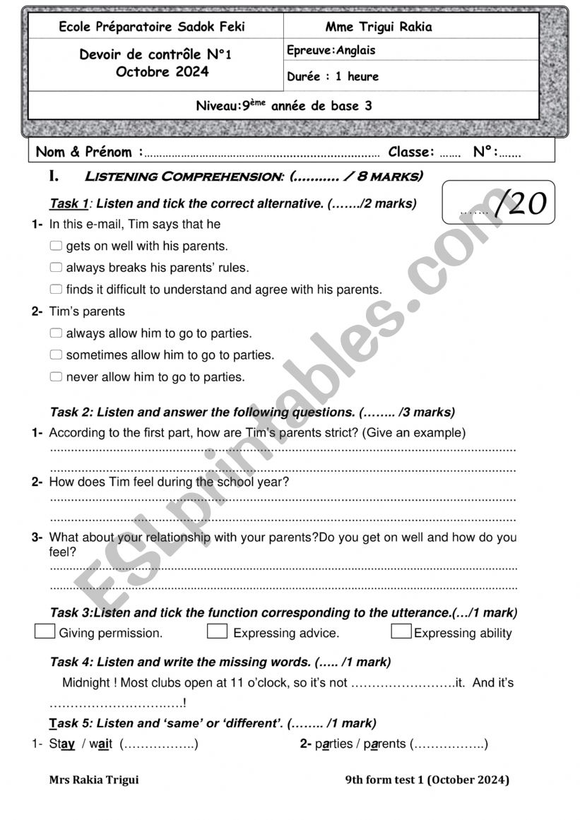 9th form test 1(Term 1) worksheet