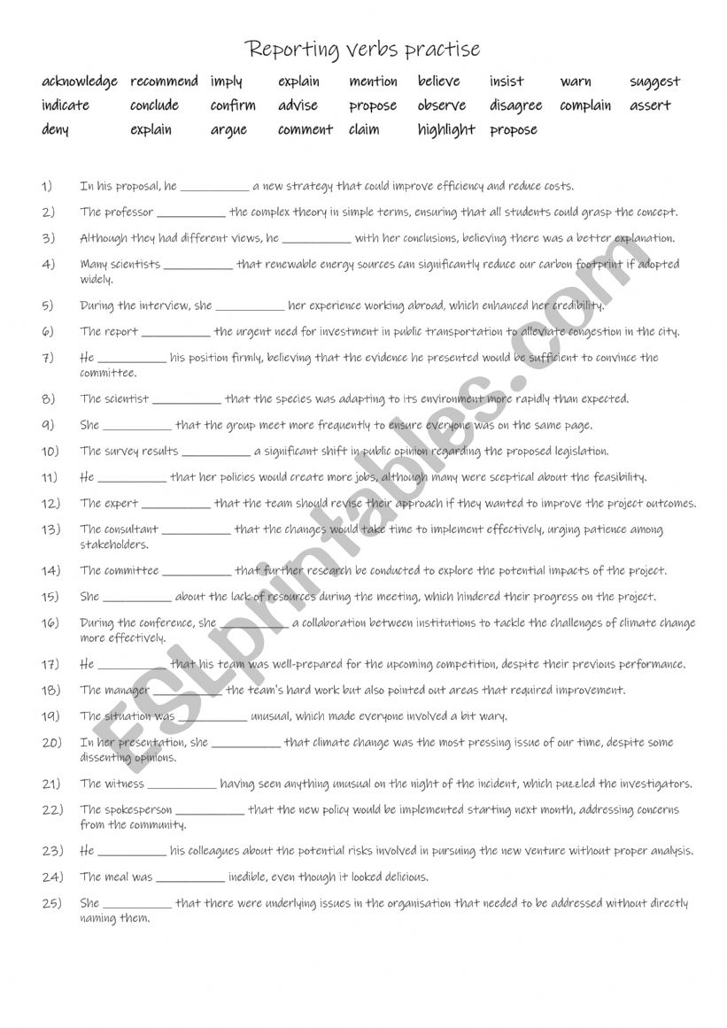 B1+-B2  25 reporting verbs worksheet