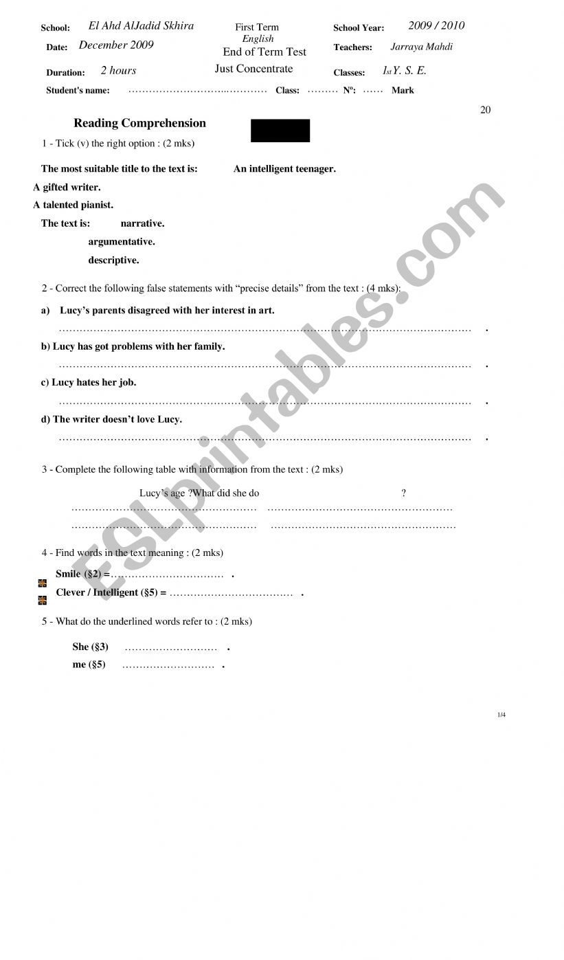 end of term test worksheet