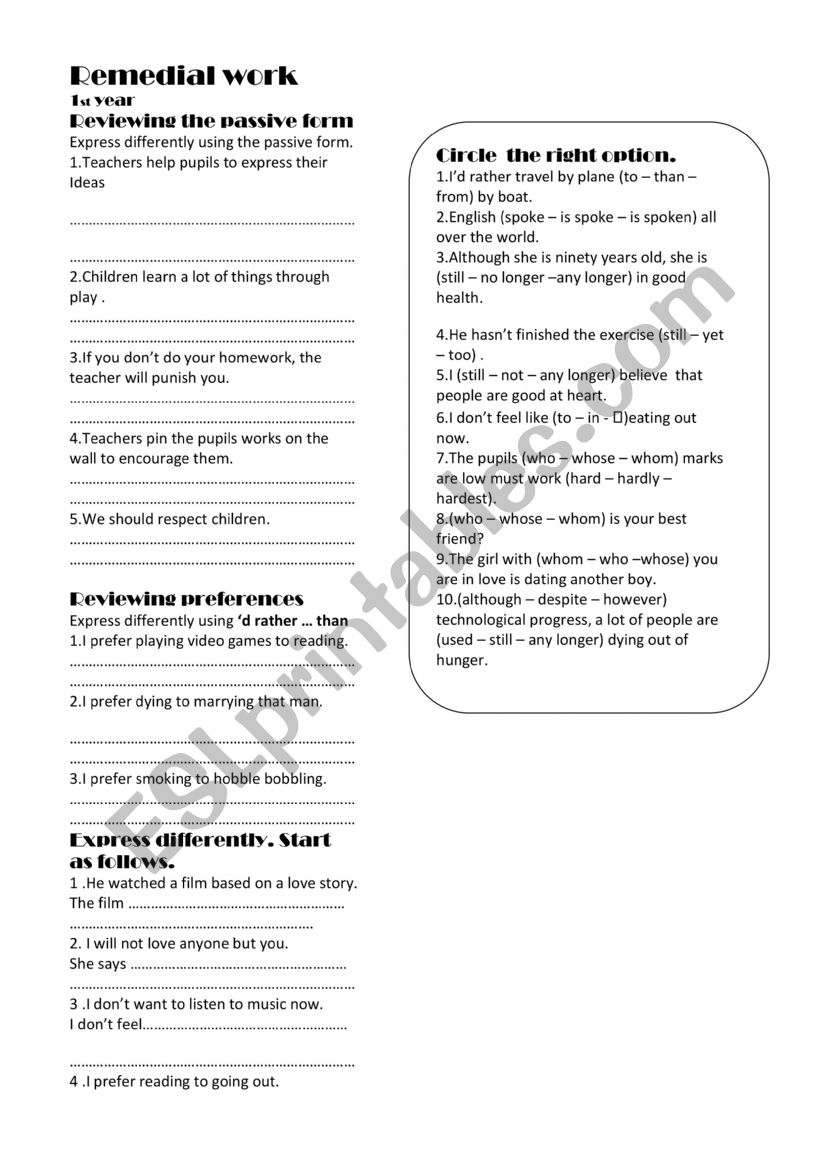 remedial work 1st year worksheet