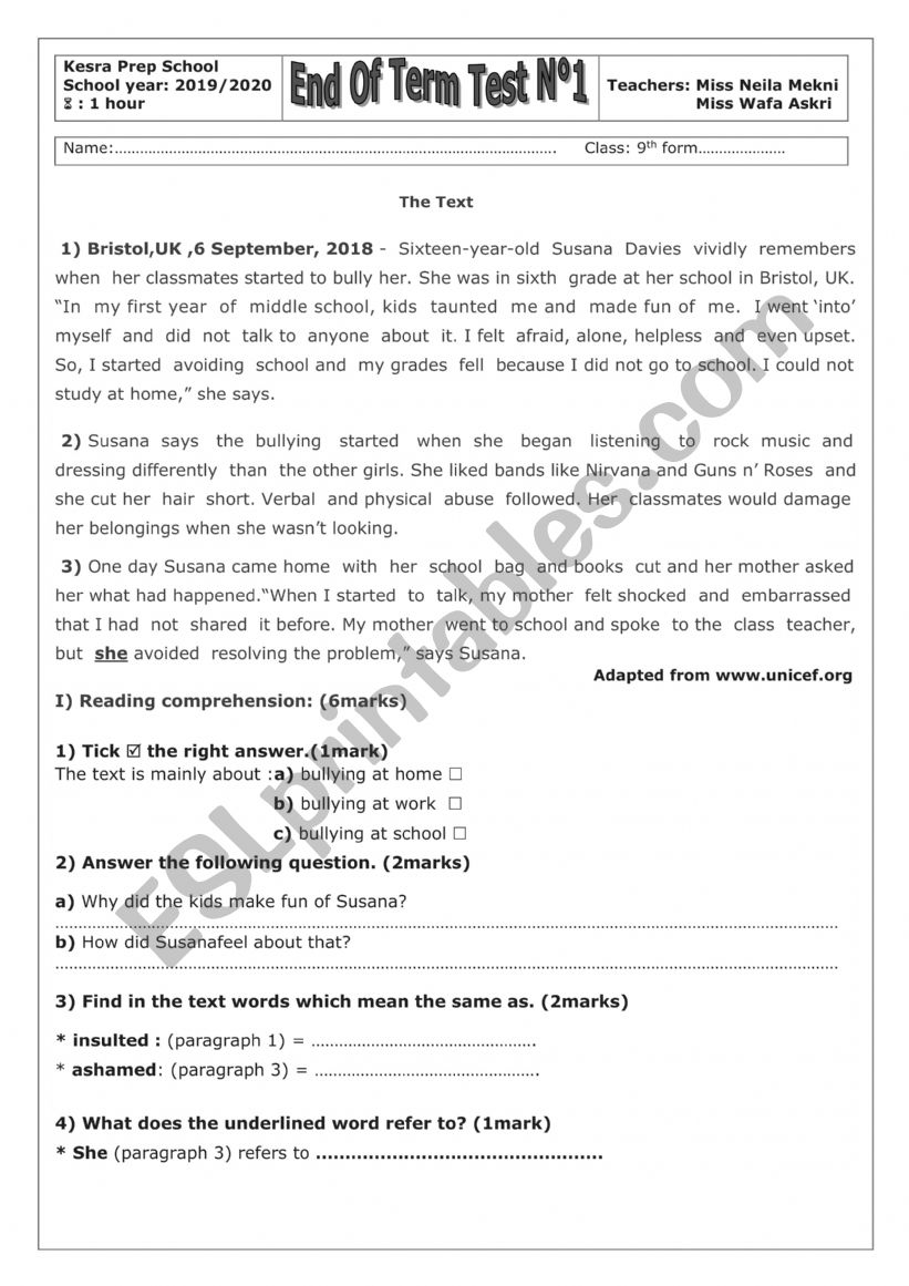 End of term test 1 9th form worksheet