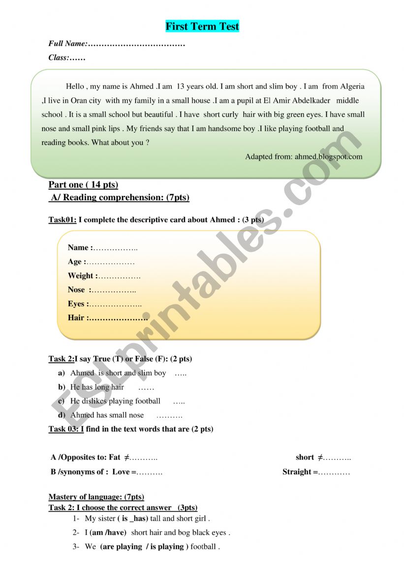 descriptive card  worksheet