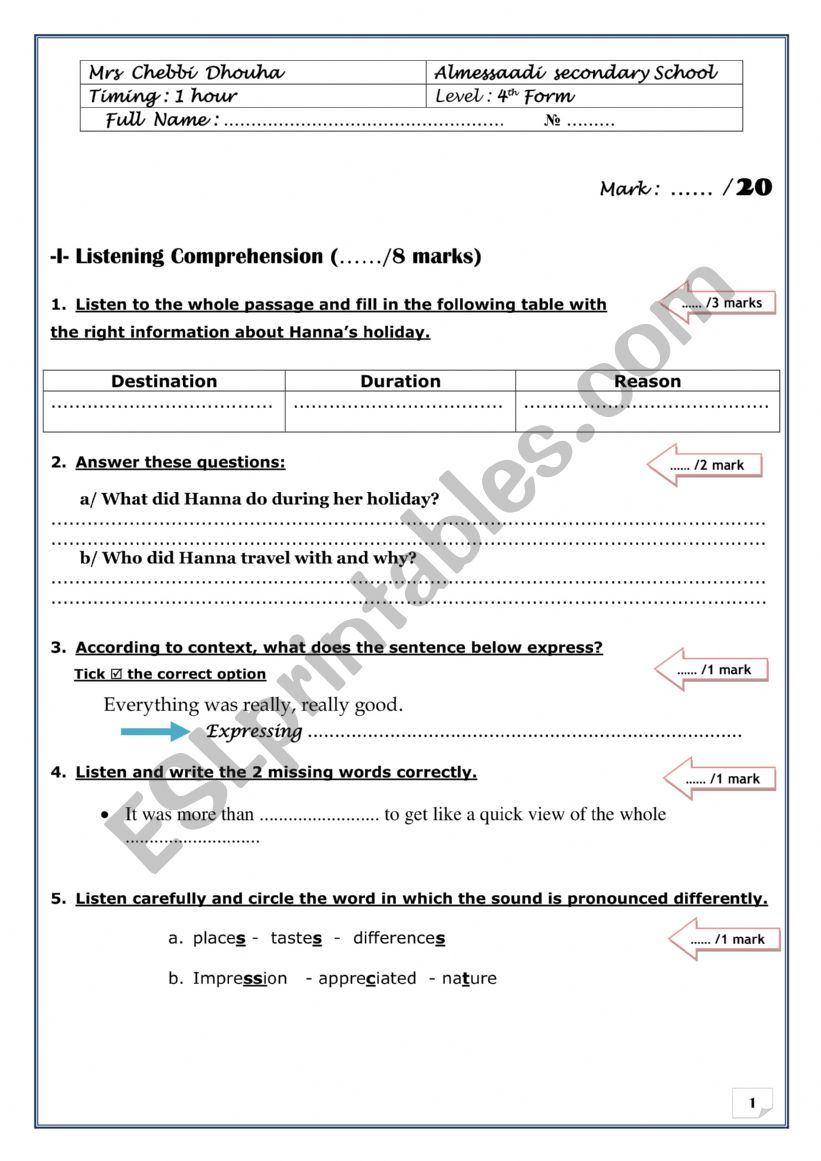 mid term test 4th form worksheet