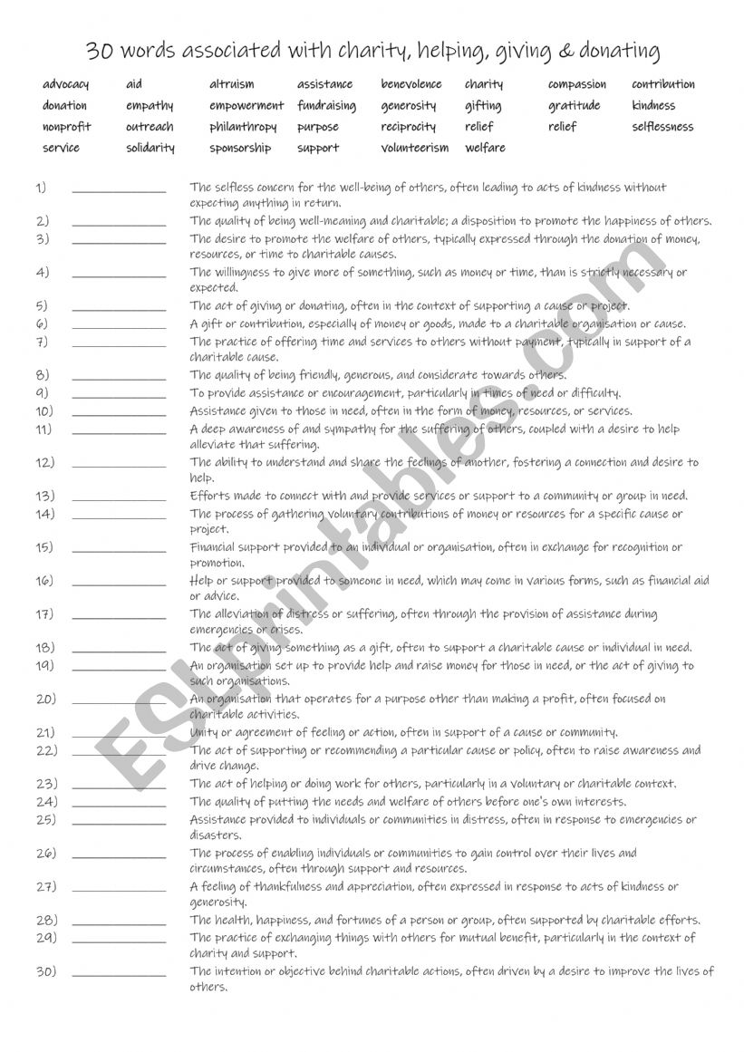 B1+-C1 30 words associated with charity, helping, giving & donating