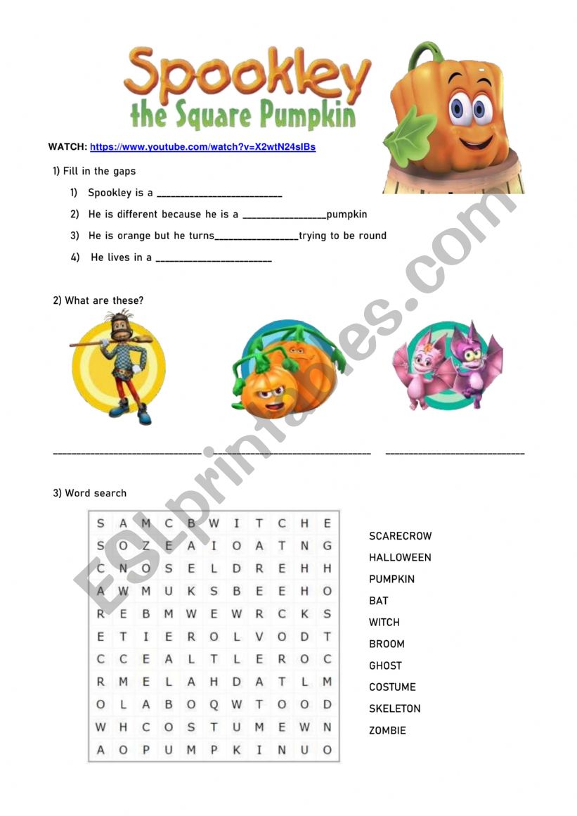 Halloween! Video + worksheet / Spookley the square pumpkin