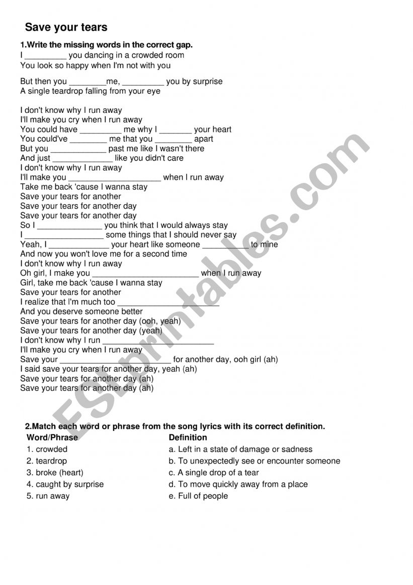 save your tears worksheet