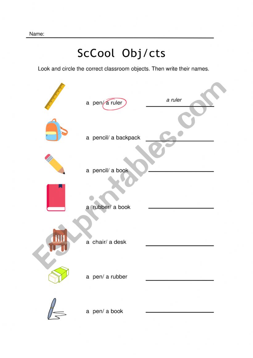 School objects  worksheet