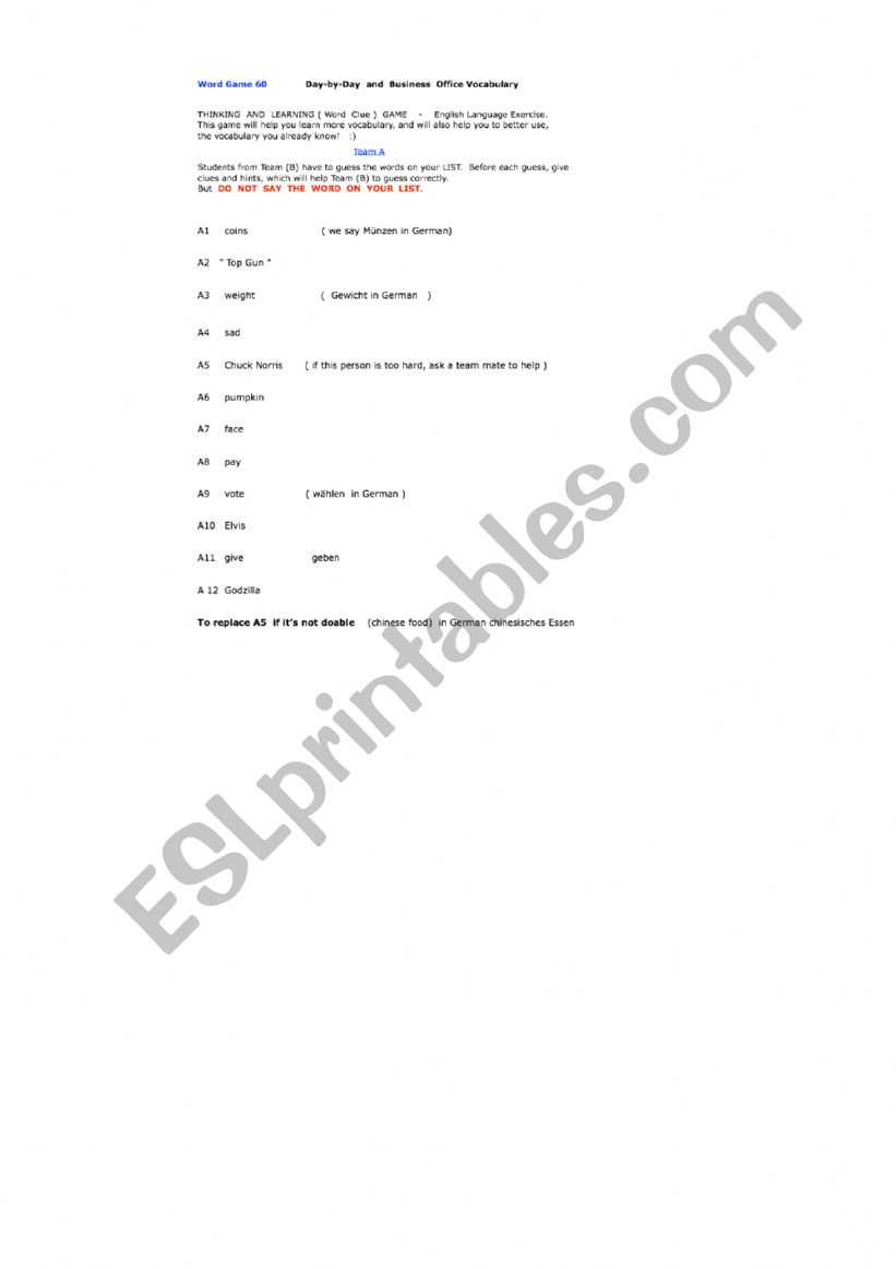 Vocabulary Word Game  worksheet