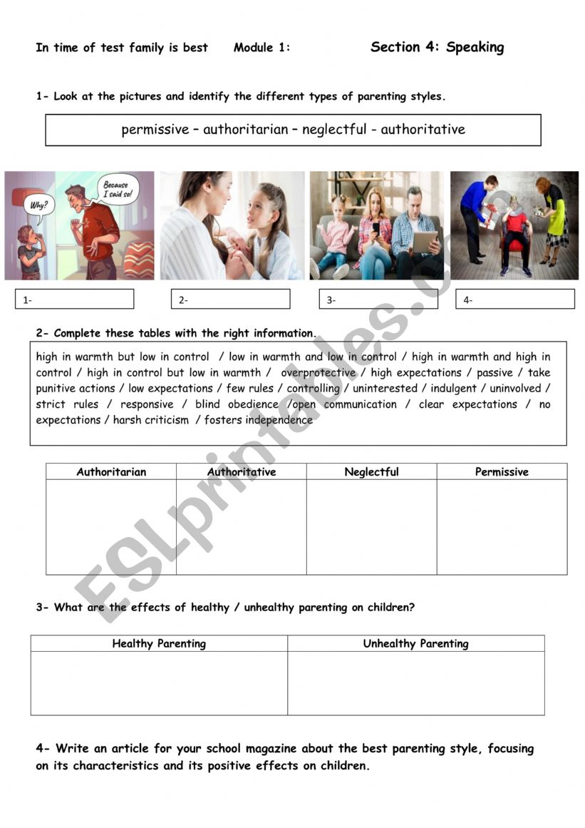 Section 4 Speaking / Writing worksheet