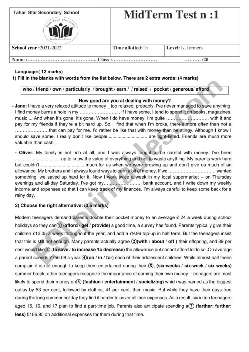 mid terrm test 1 level ONE  worksheet