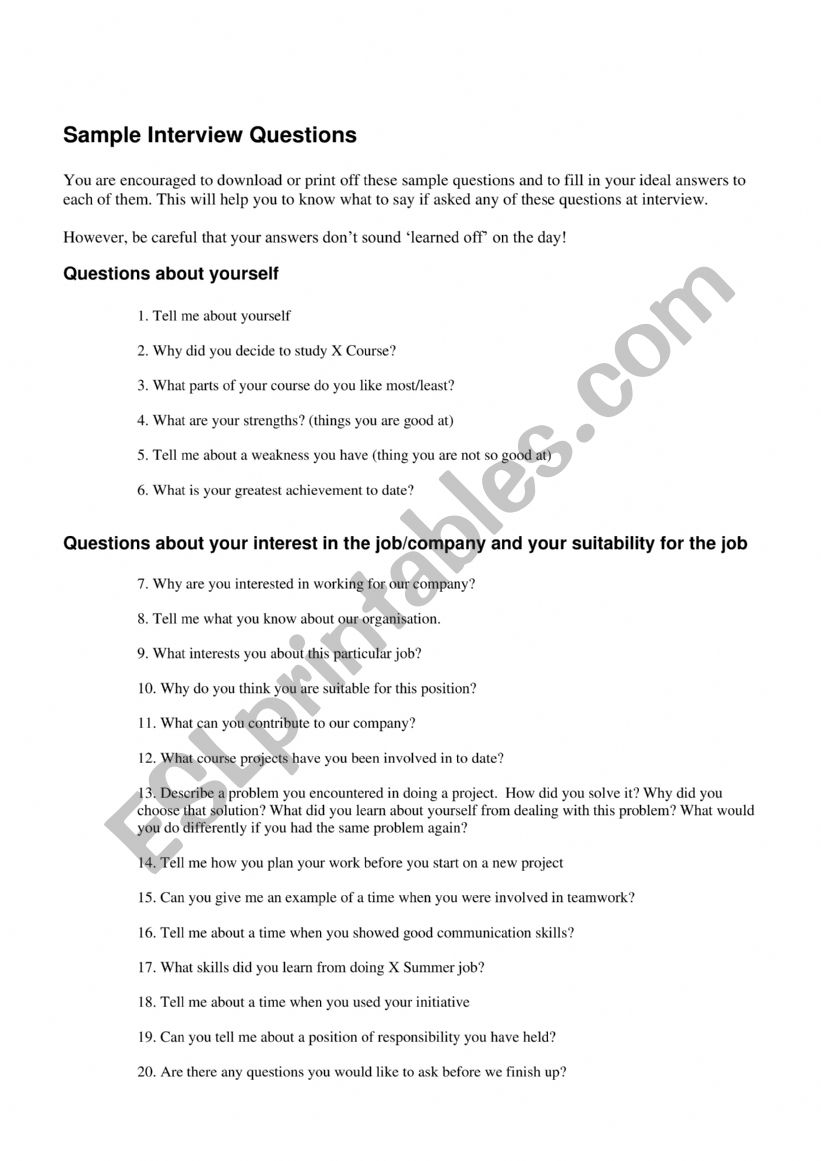 sample interview questions - english and communications