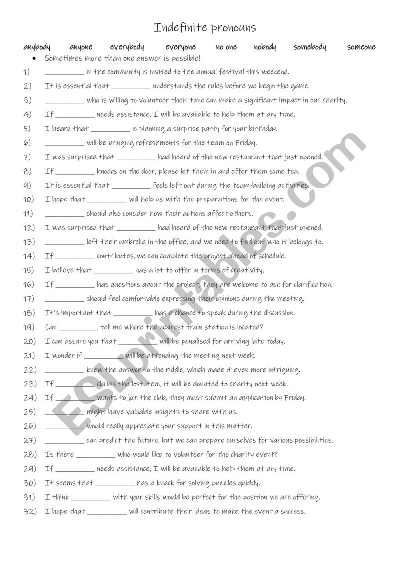 A2+-B1 Indefinite pronouns worksheet