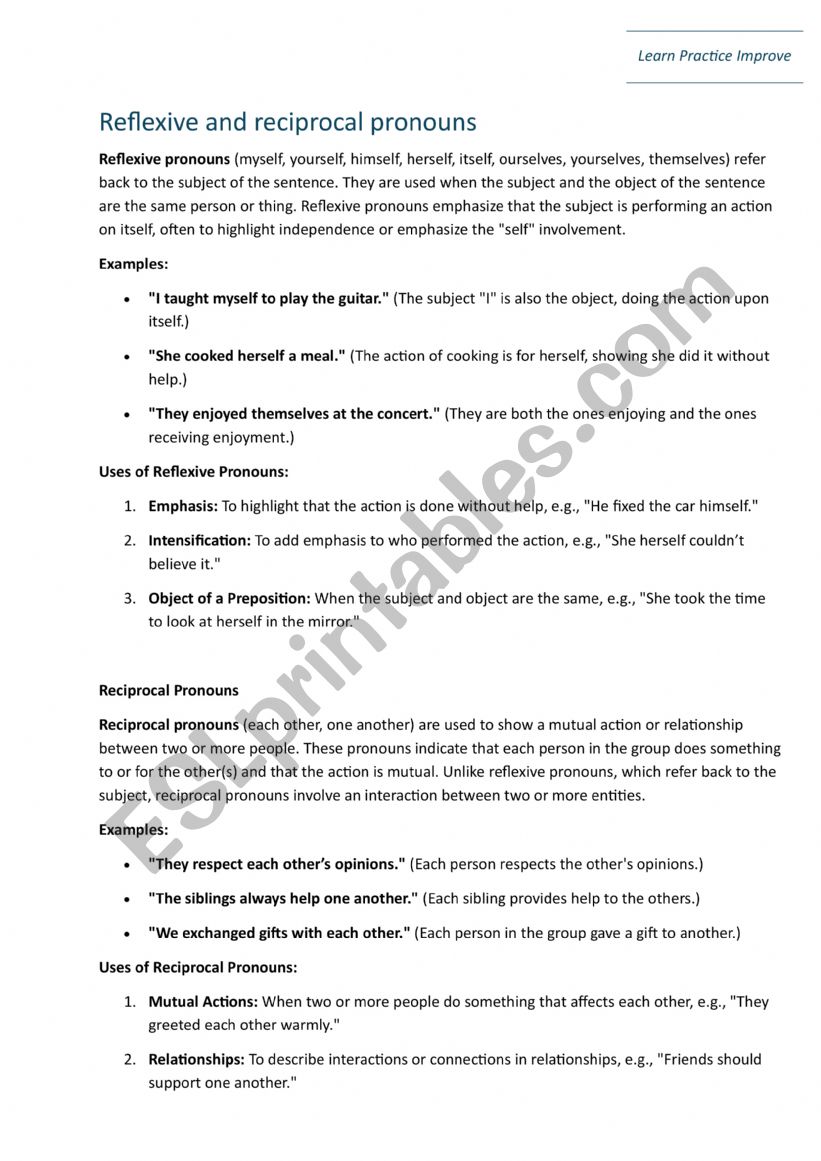 Reflexive and reciprocal pronouns Learn Practice Improve