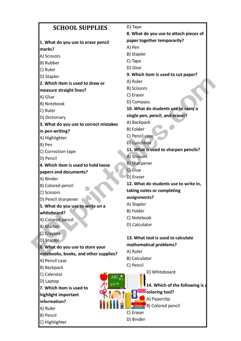 School supplies multiple choice worksheet