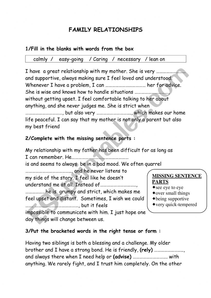 Family relationships worksheet