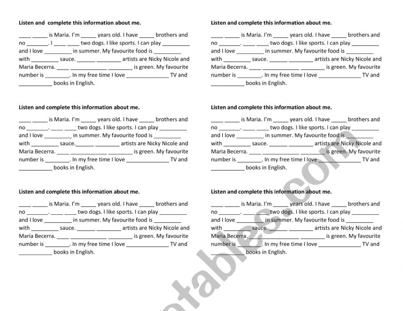 Personal information worksheet