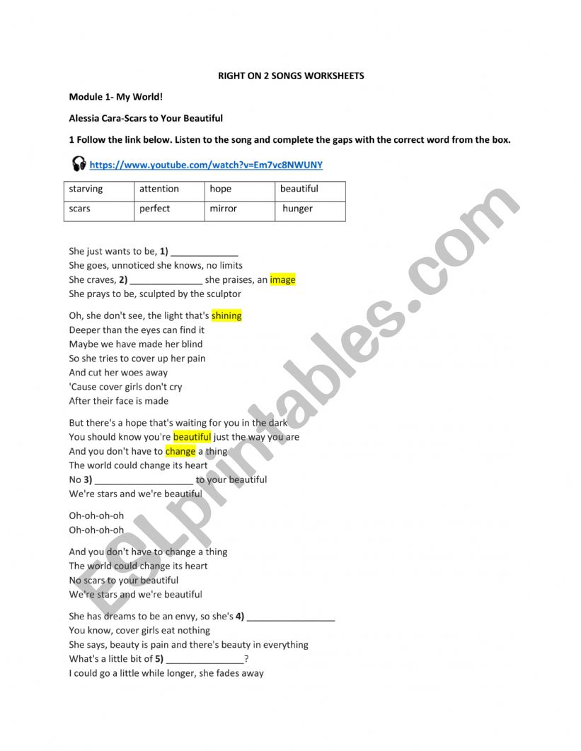 Right ON 2 sONGS worksheet