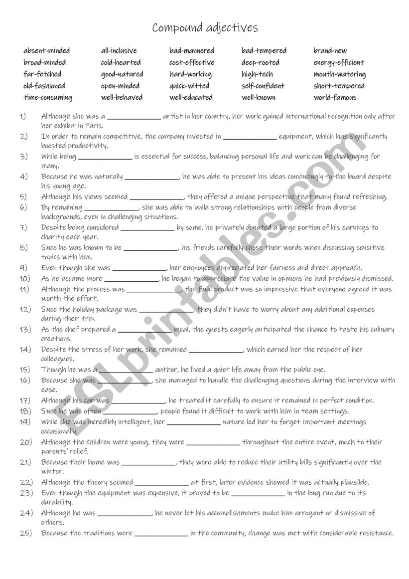 B1-B2 25 compound adjectives worksheet